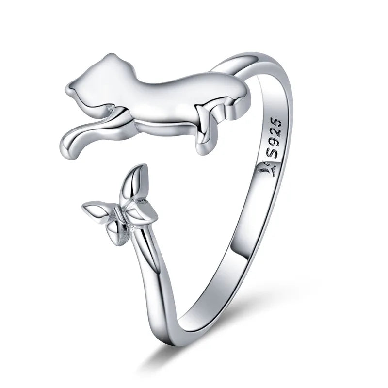 WOSTU 100% 925 Sterling Silver Cat Dog Opening Ring Hot Sale Pet Rings For Women Original Fashion Animal Jewelry Party Gift