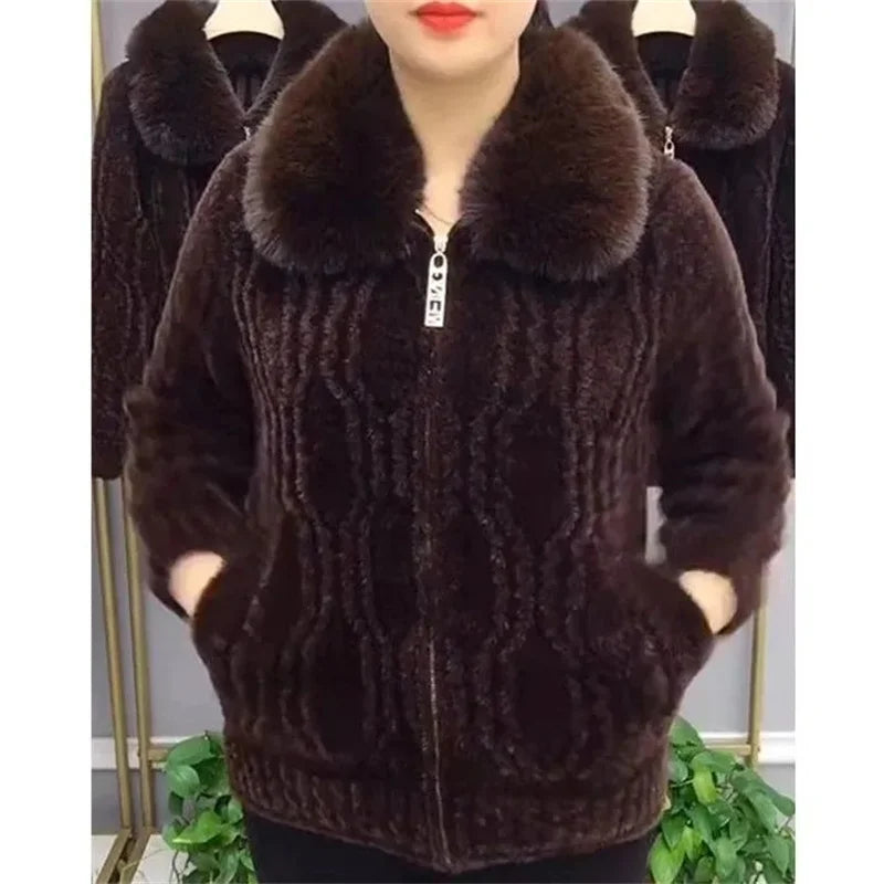 Women Knitted Cardigan Thicken Large Size Imitation Mink Velvet Sweater Coat Middle-Aged Mother Fur Collar Zipper Knit Jacket
