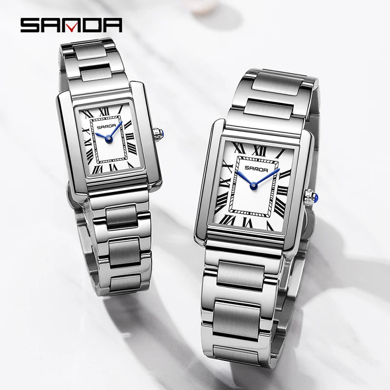 SANDA New Quartz Watch Roman Numeral Stainless Steel Leather Watchband Brief Lovers Watch 30M Waterproof Hot Men's Women's Watch