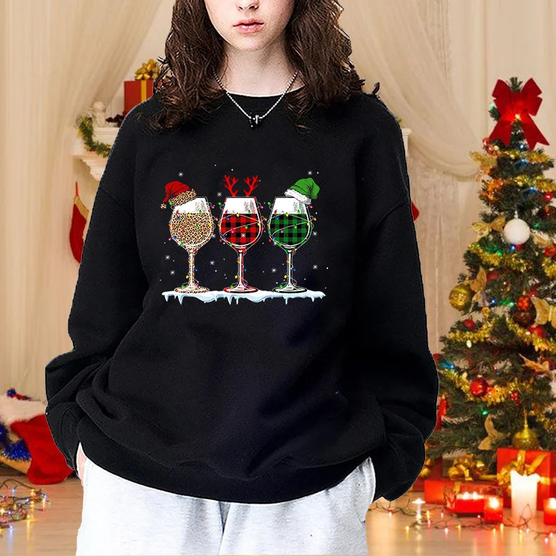 Women's Fashion Christmas Red Wine Glasses Round Neck Pullover Christmas Casual Loose Sweater Red Wine Glasses Top