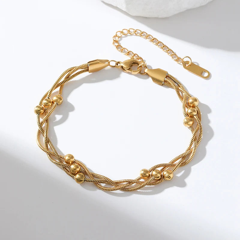 EILIECK 316L Stainless Steel Beads Wound Chain Bracelet for Women Charm Metal 18 K Plated Trendy Golden Unique Design Jewelry