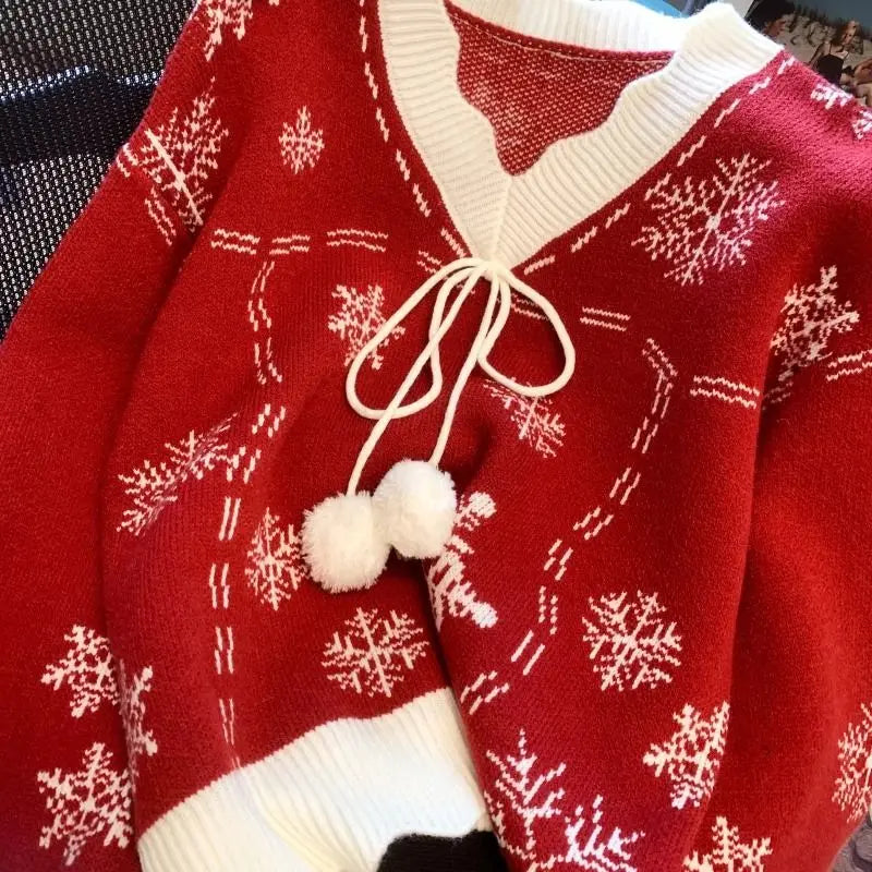 Christmas Knitted Sweaters for Women Vintage Fashion Long Sleeve Jumpers Print Loose V Neck2024 New Autumn Winter Pullovers