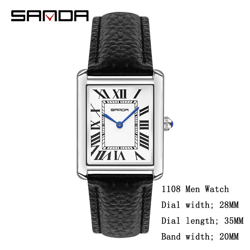 SANDA New Quartz Watch Roman Numeral Stainless Steel Leather Watchband Brief Lovers Watch 30M Waterproof Hot Men's Women's Watch