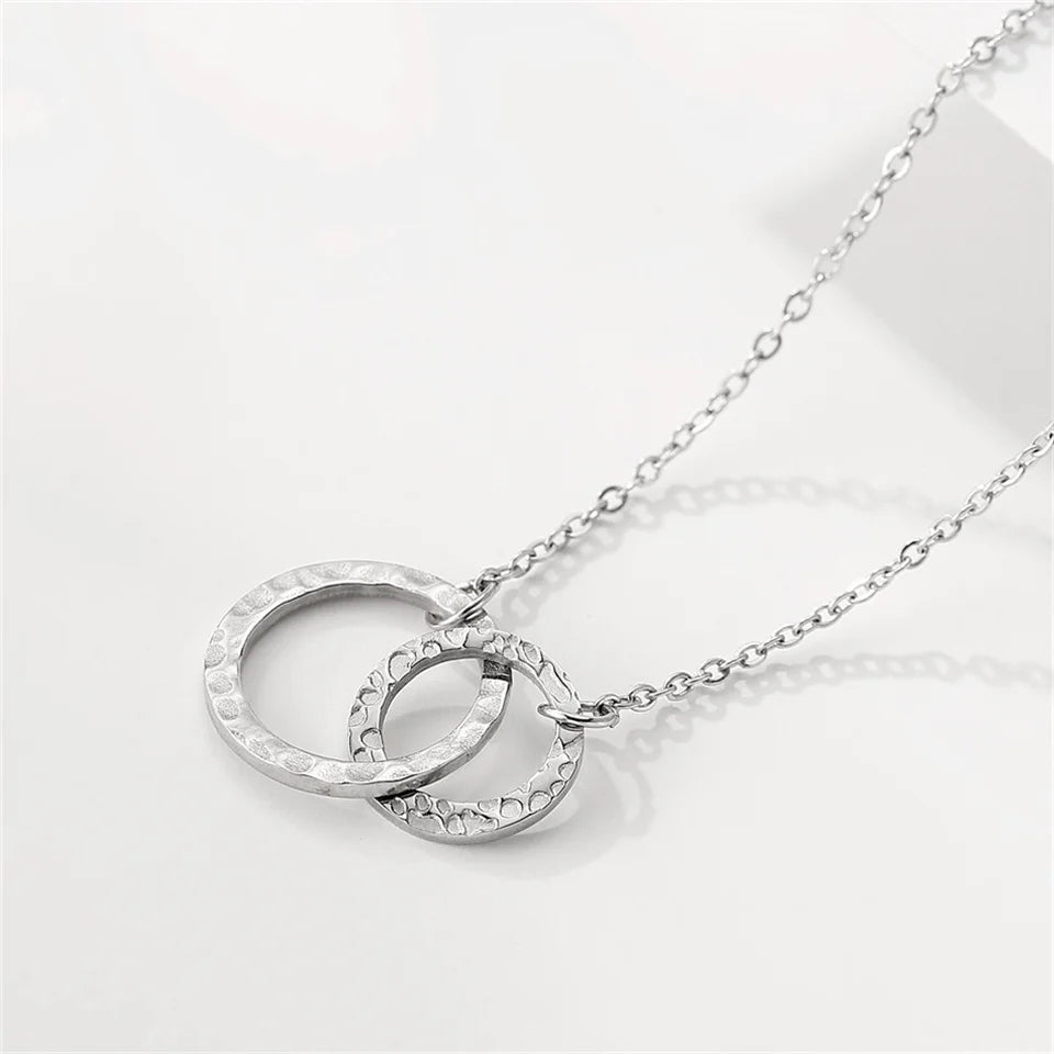 eManco Fashion Stainless Steel Double Ring Pendant Necklace Women's Silver Collarbone Chain Waterproof Not Lose Color Jewelry