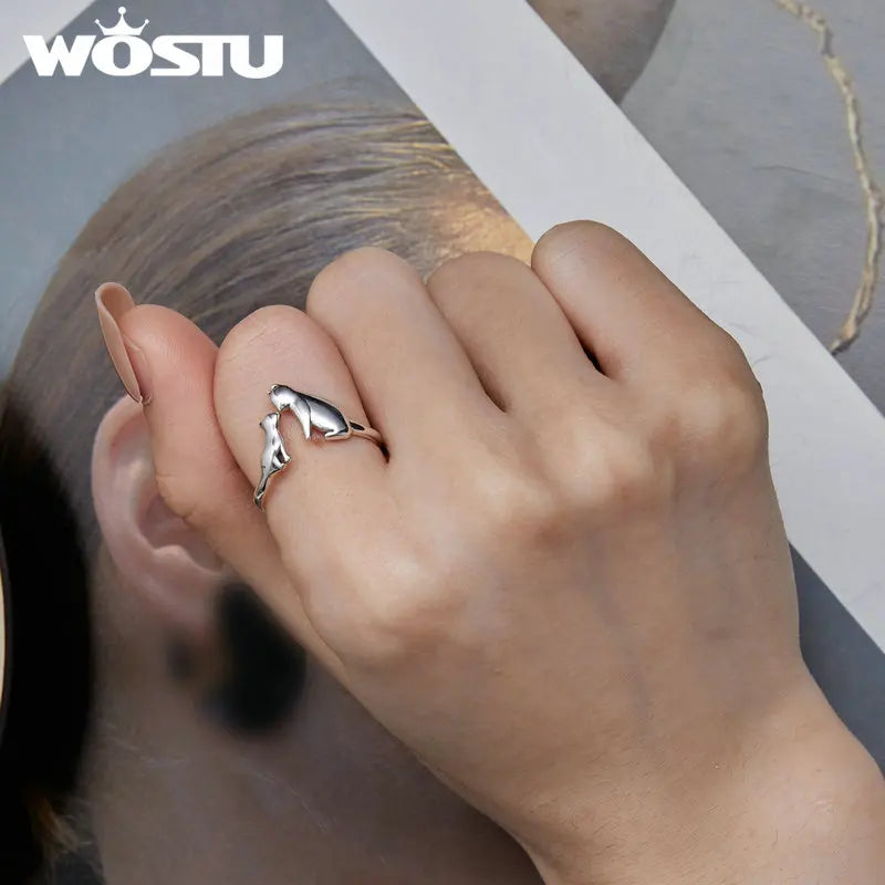 WOSTU 100% 925 Sterling Silver Cat Dog Opening Ring Hot Sale Pet Rings For Women Original Fashion Animal Jewelry Party Gift