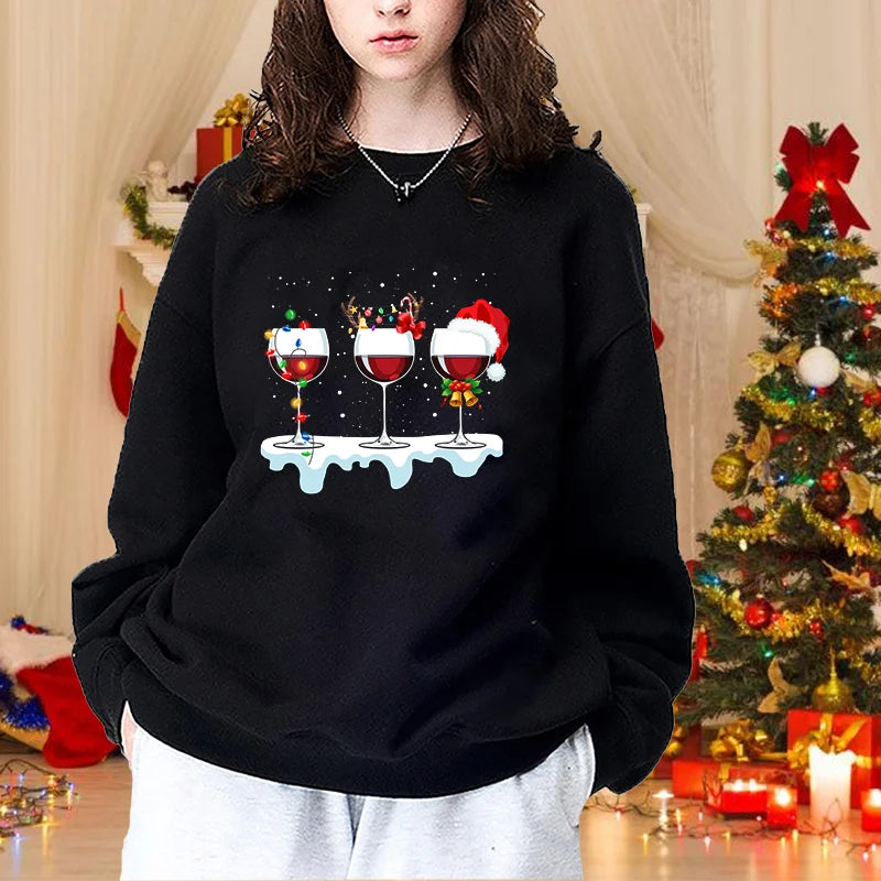 Women's Fashion Christmas Red Wine Glasses Round Neck Pullover Christmas Casual Loose Sweater Red Wine Glasses Top