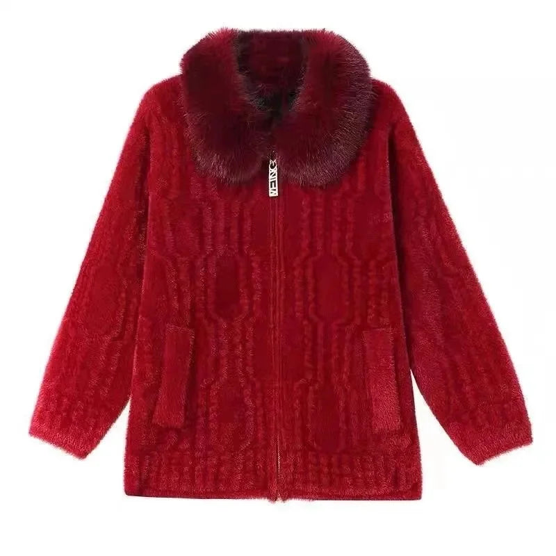 Women Knitted Cardigan Thicken Large Size Imitation Mink Velvet Sweater Coat Middle-Aged Mother Fur Collar Zipper Knit Jacket