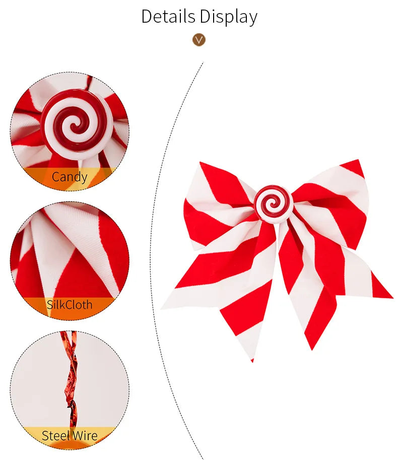 Three Christmas Bow Wreaths, Decorated with Red and White Striped Tree Top Bows, Christmas Party Home Decoration Items
