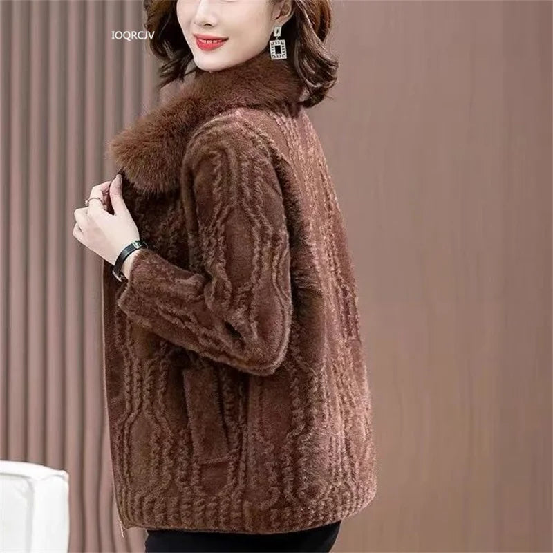 Women Knitted Cardigan Thicken Large Size Imitation Mink Velvet Sweater Coat Middle-Aged Mother Fur Collar Zipper Knit Jacket