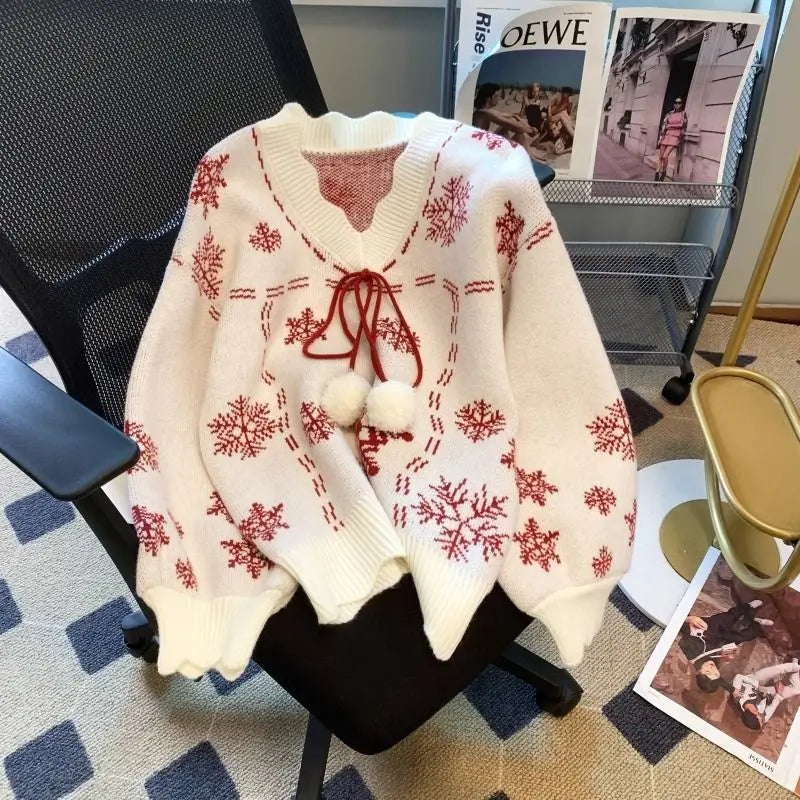 Christmas Knitted Sweaters for Women Vintage Fashion Long Sleeve Jumpers Print Loose V Neck2024 New Autumn Winter Pullovers