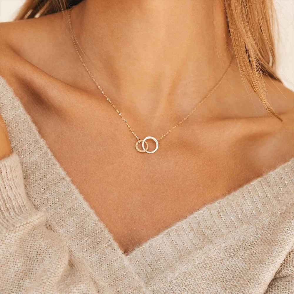 eManco Fashion Stainless Steel Double Ring Pendant Necklace Women's Silver Collarbone Chain Waterproof Not Lose Color Jewelry