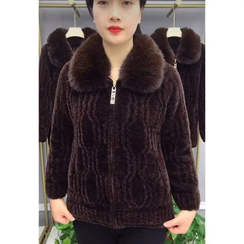 Women Knitted Cardigan Thicken Large Size Imitation Mink Velvet Sweater Coat Middle-Aged Mother Fur Collar Zipper Knit Jacket