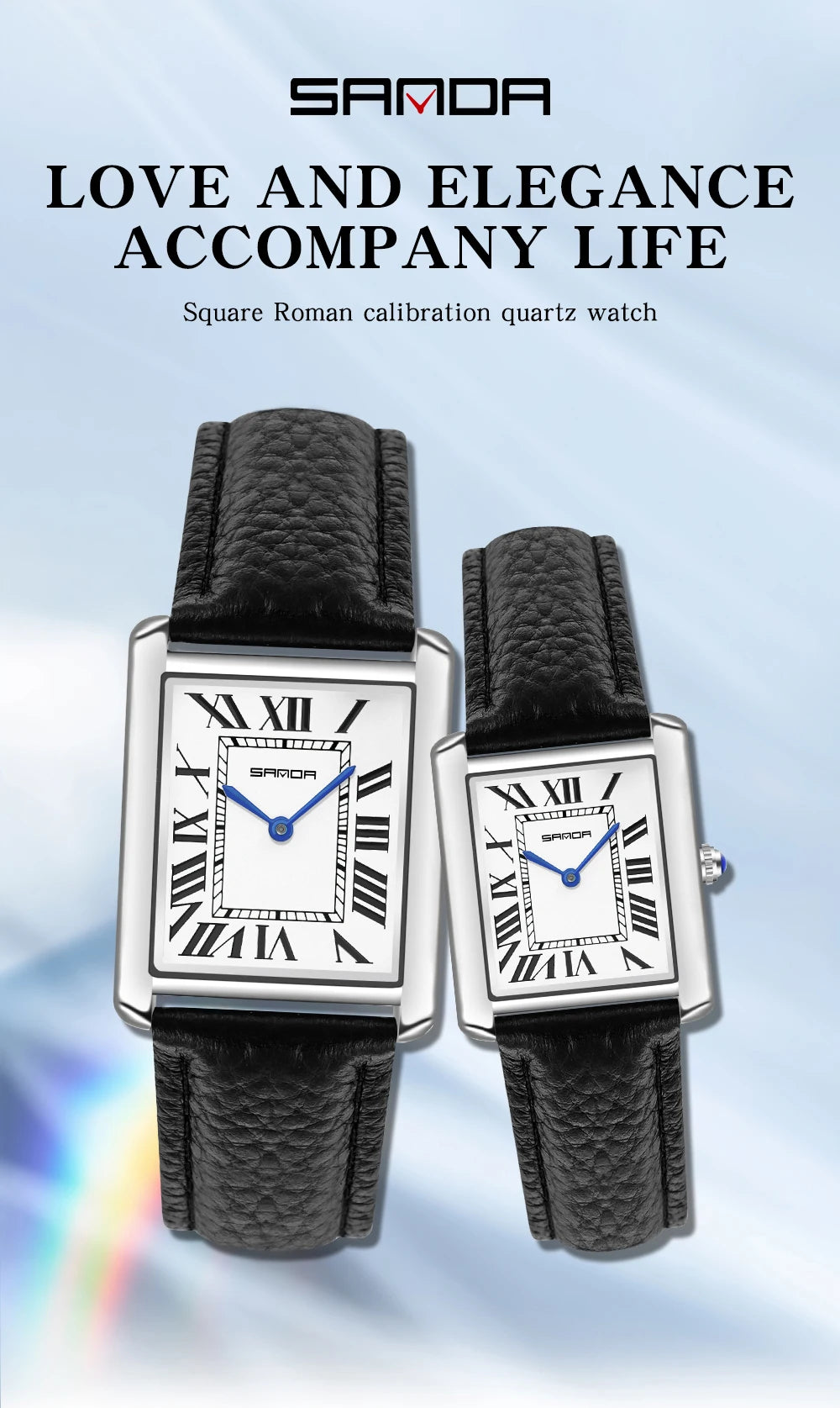 SANDA New Quartz Watch Roman Numeral Stainless Steel Leather Watchband Brief Lovers Watch 30M Waterproof Hot Men's Women's Watch