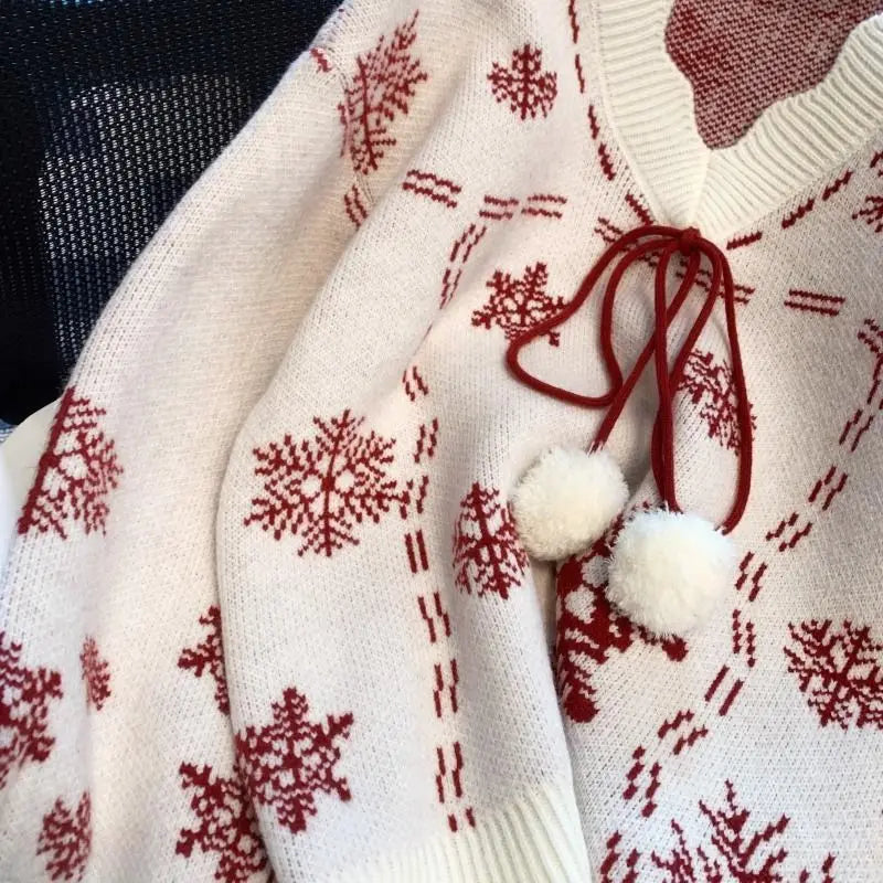 Christmas Knitted Sweaters for Women Vintage Fashion Long Sleeve Jumpers Print Loose V Neck2024 New Autumn Winter Pullovers