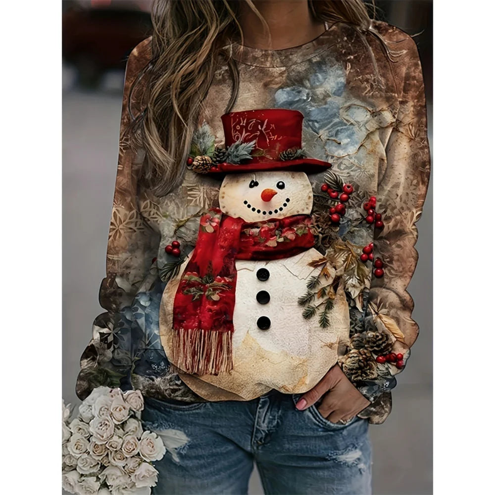 Christmas Snowman 3D Print Sweatshirts Women Fashion Casual Streetwear O-Neck Hoodies Y2k Pullovers Harajuku Tops Woman Clothing