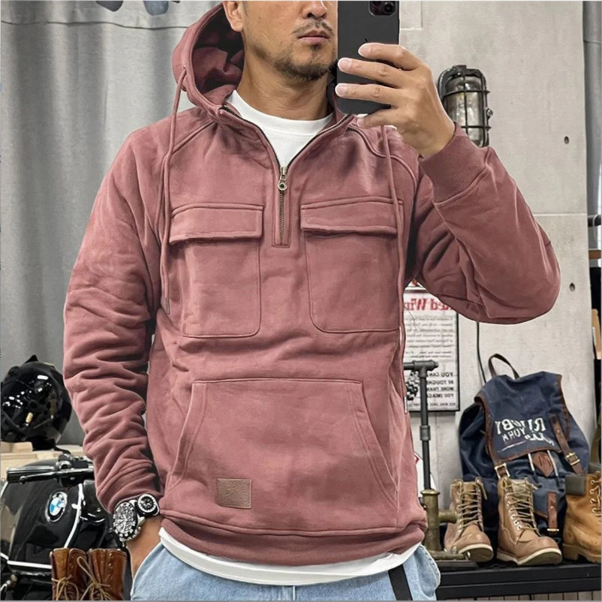 New autumn-winter men's hooded solid-color casual hoodie - fashionable young man's multi-pocket patch hoodie pullover shirt