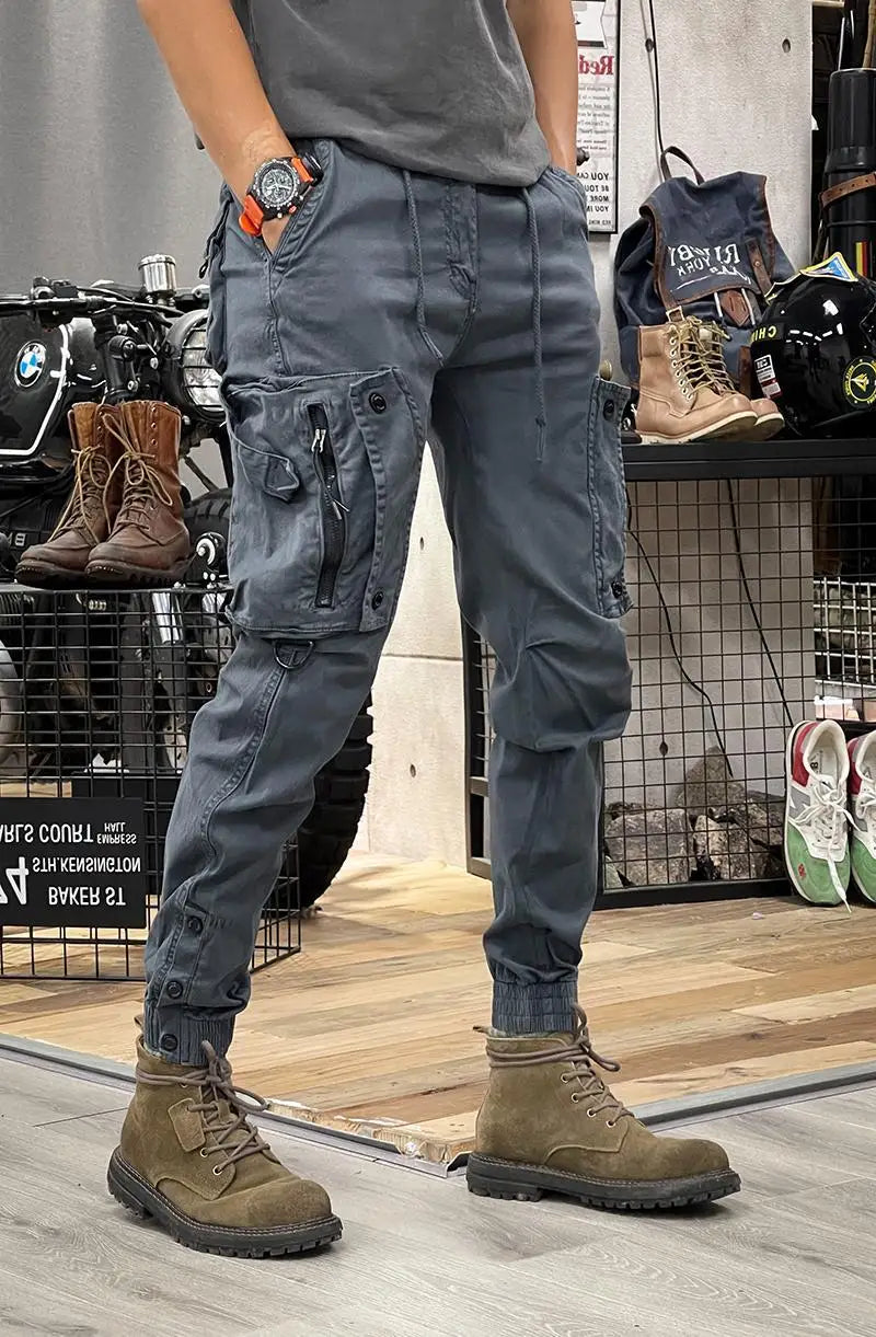 Men's fashionable multi pocket zipper design work pants, loose wide leg straight leg casual drawstring outdoor training pants